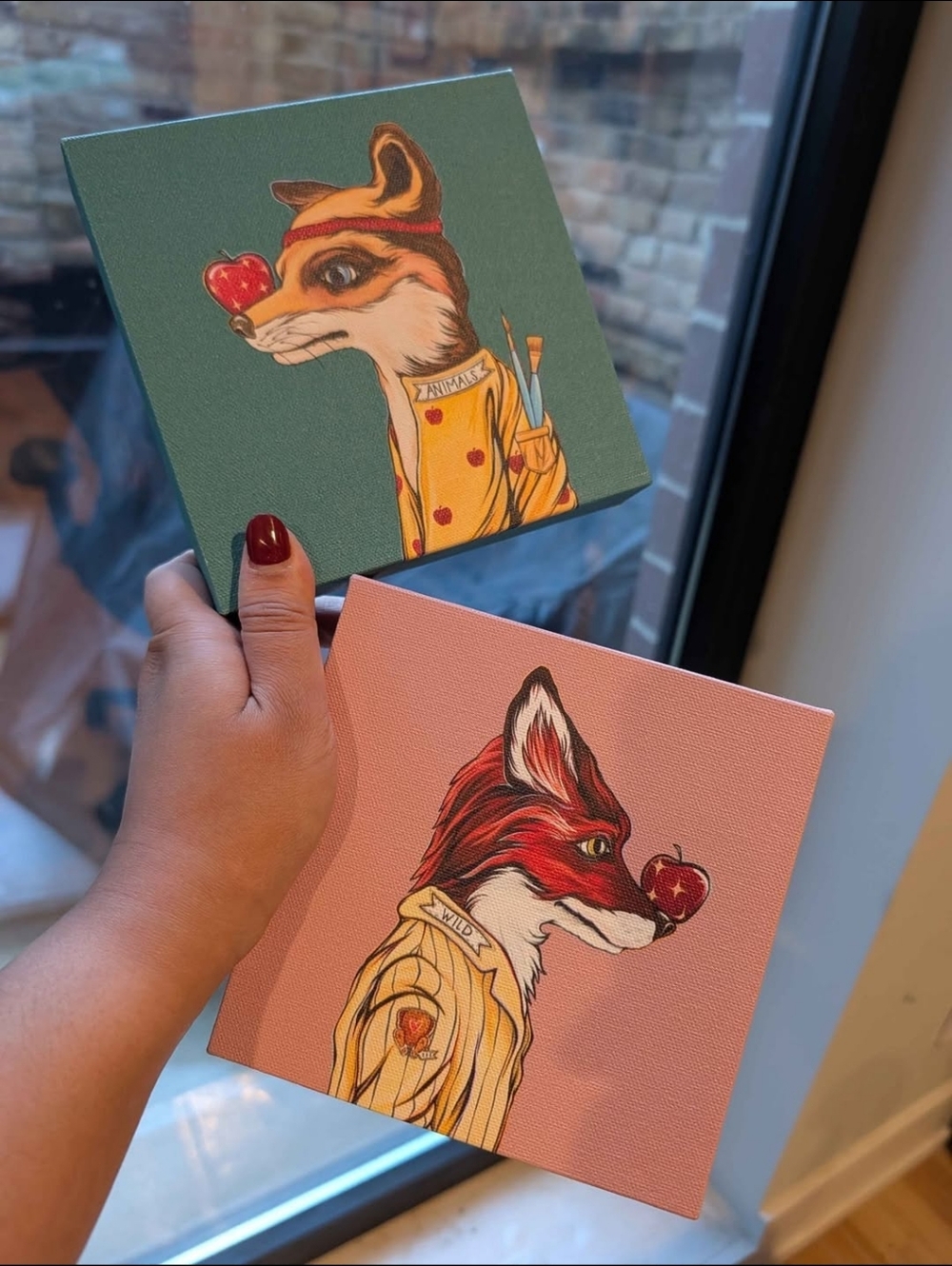 Fox Portrait Canvas Wall Art - Green & Pink